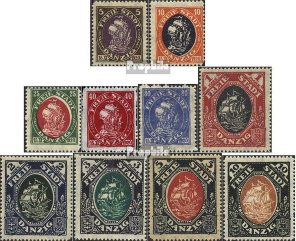 Briefmarken Danzig 1921 Mi 53-62 (kompl.Ausg.) mit Durchstich, Zähnung evtl. fehlerhaft mit Falz Handelskogge
