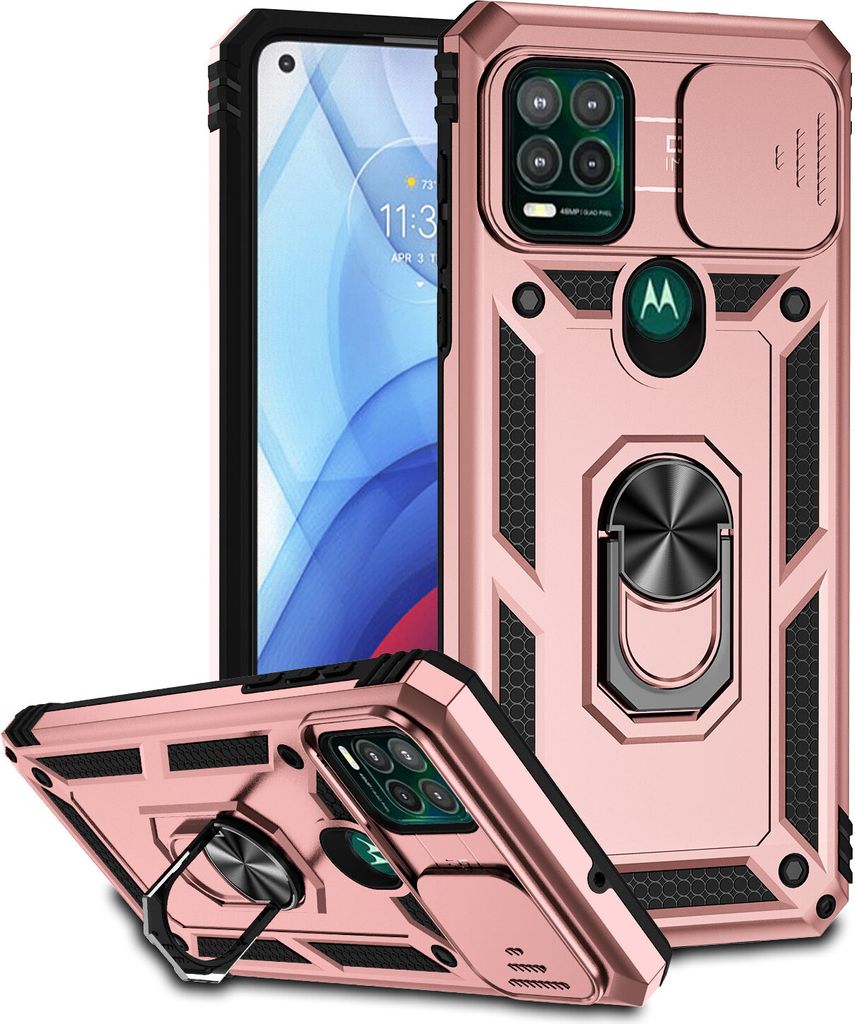 Moto G Stylus 5G Hülle mit Schiebe Kamera Schutz und Ringhalter Ständer Robust Rüstung Schutzhülle für Motorola Moto G Stylus 5G Rosa