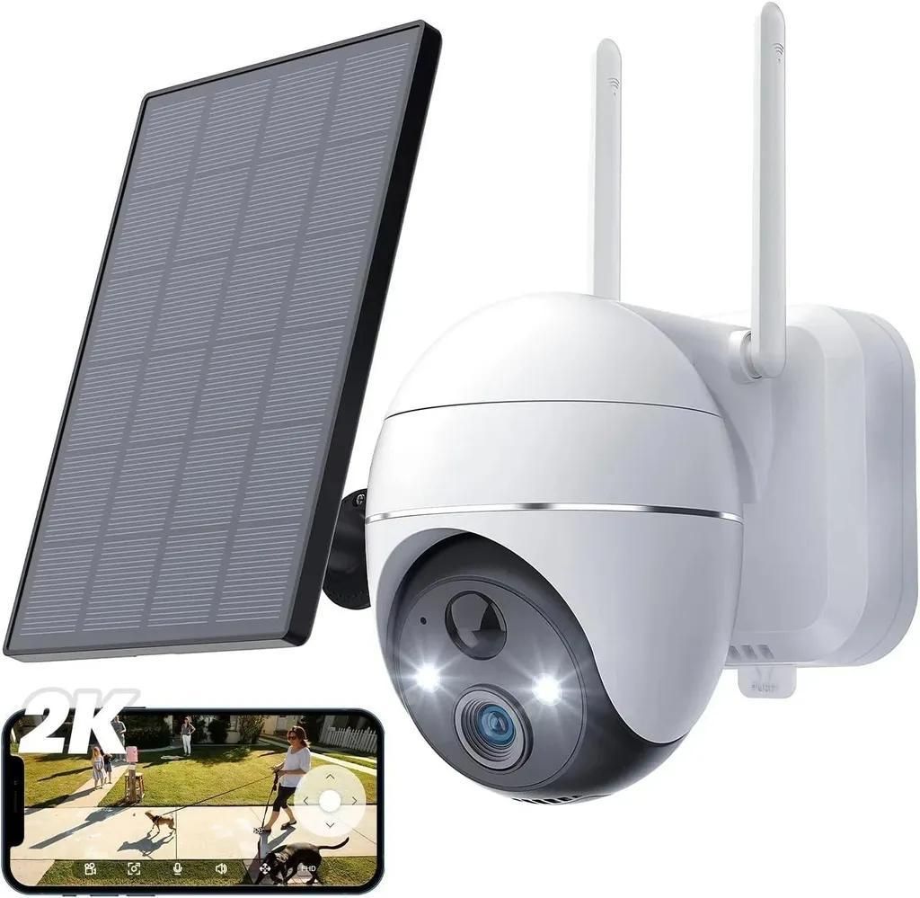 2K Überwachungskamera Aussen Akku Solar Kamera Outdoor mit 355°/120° Pan Tilt 20m Farbnachtsicht PIR Bewegungsmelder Licht-und Tonalarm 2-Wege-A...