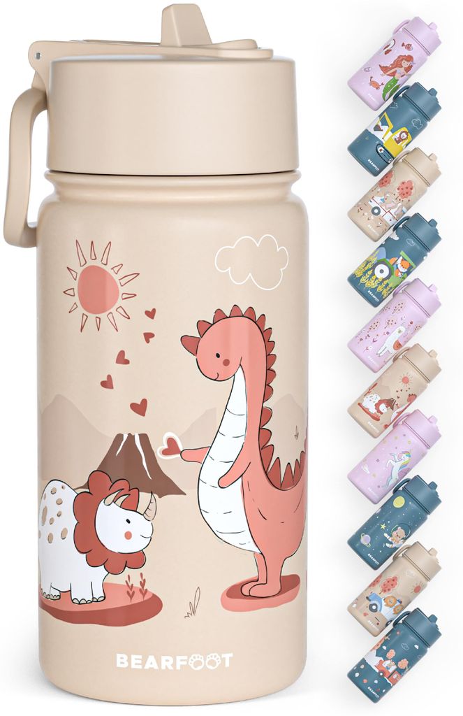 Trinkflasche Kinder Edelstahl mit Strohhalm, Thermosflasche 400ml - BPA frei, auslaufsicher, Kleinkinder, Mädchen & Jungen Wasserflasche - Dinos b...