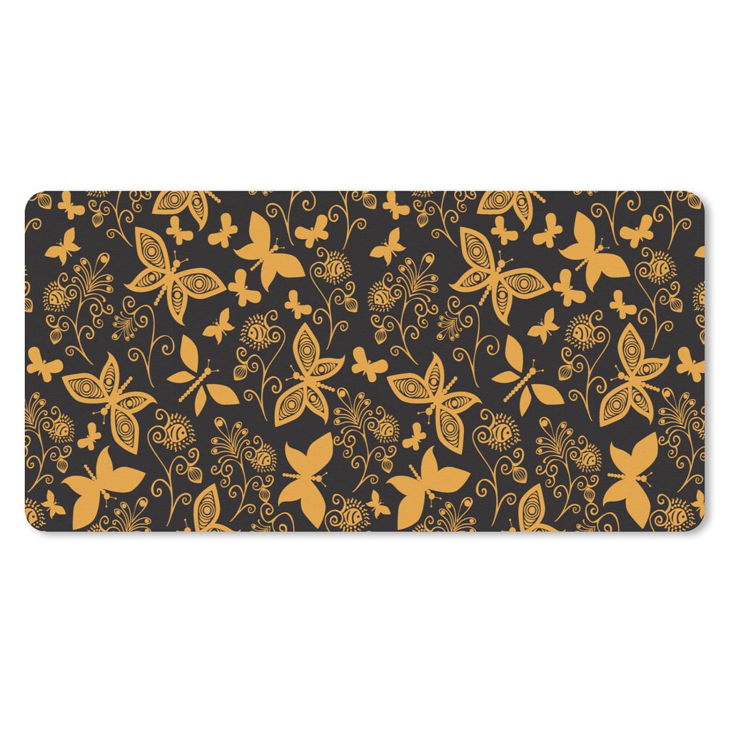 MuchoWow Schreibtischunterlage Blumen - Schmetterling - Gold - Muster 80x40 cm - XXL Mauspad - Gaming Mauspad
