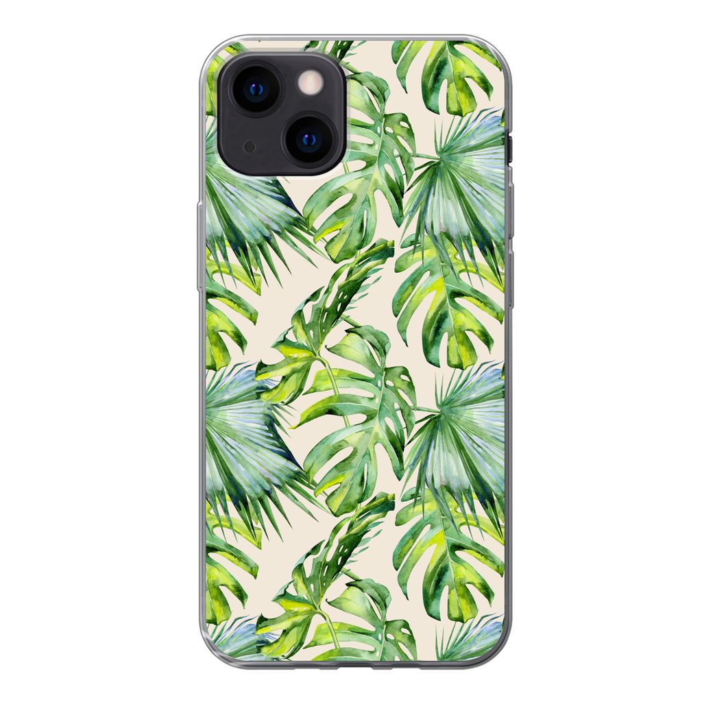 MuchoWow Handyhülle Schutzhülle Hülle für iPhone 13 mini Blätter - Muster - Monstera Silikon Softcase Handy Hülle - Softcase
