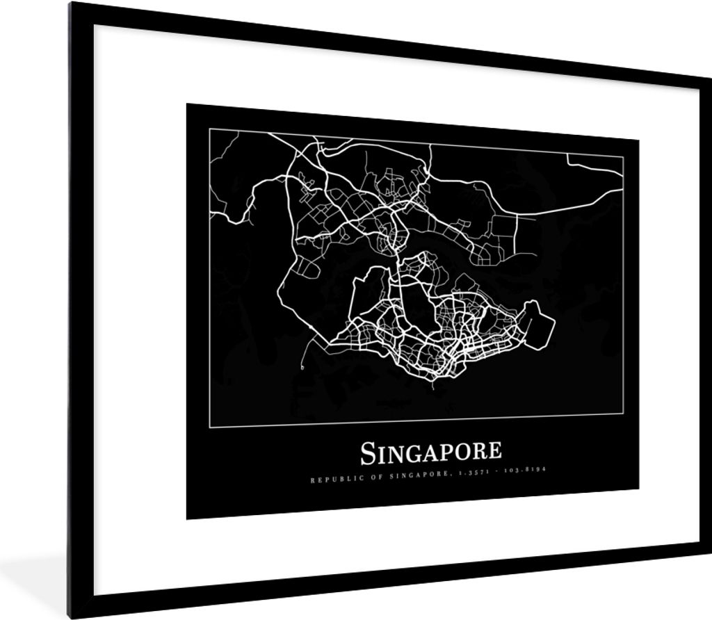 MuchoWow Gerahmtes Poster Singapur - Karte - Stadtplan 80x60 cm - Poster mit Schwarzem Bilderrahmen Wandposter Rahmen Foto Bilder - Schlafzimmer-...