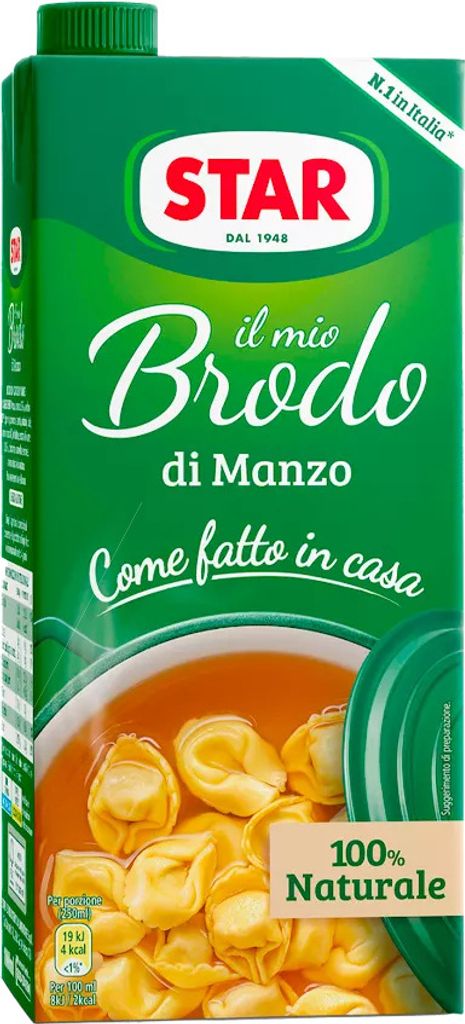 A carton of Star brand beef broth with tortellini.