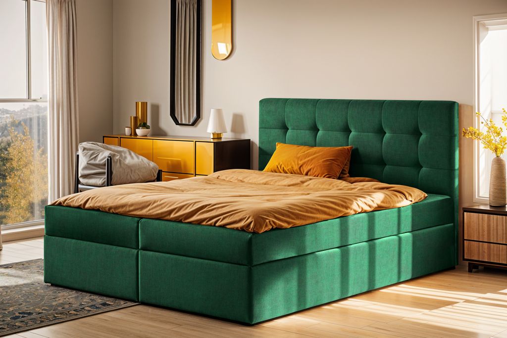 Kaiser Möbel Boxspringbett mit matratze und bettkasten, Schlafbett LUDANO stoff Noel Grün 140x200 cm H2-Pocket