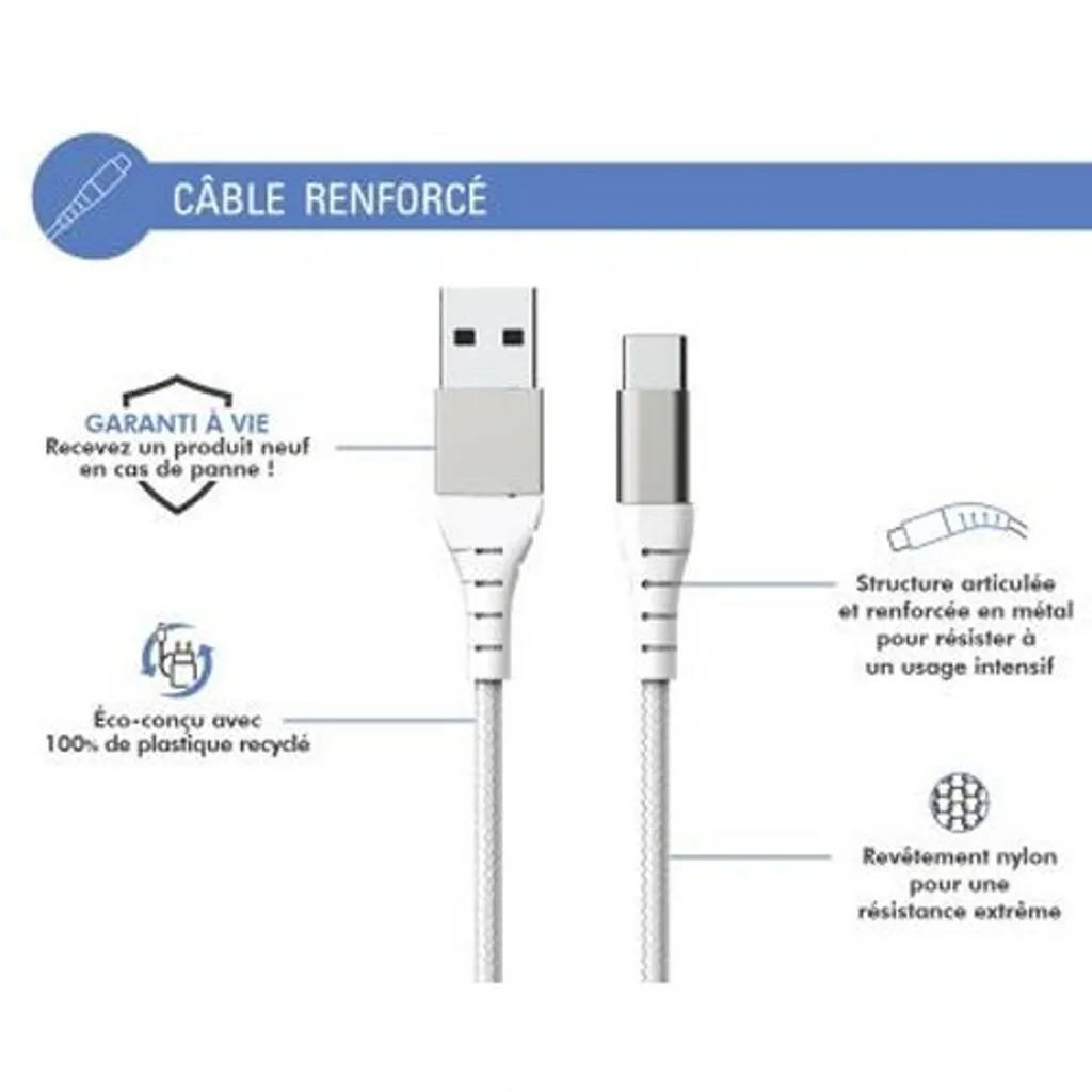 Cavo Ricarica Force Power USB-C Rinforzato 3m Bianco - Prezzo Offerta