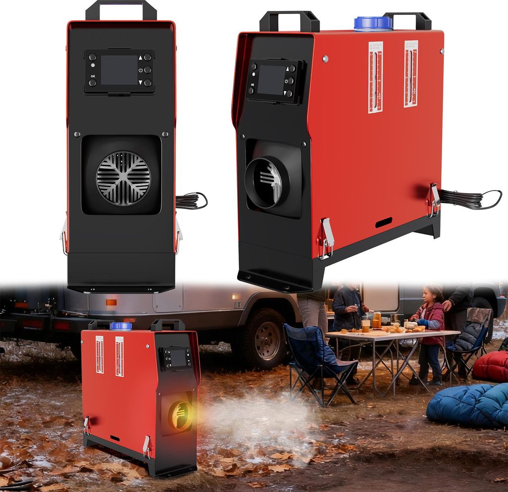 A collage of images showing a red diesel heater in different settings, including a close-up of the unit and a lifestyle shot of people using it outdoors.