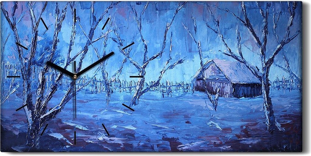 Dekor Leinwand Uhr Wandbilder 60x30 Gemälde Abstrakte Winter Schnee Bäume Hütten - schwarze Hände