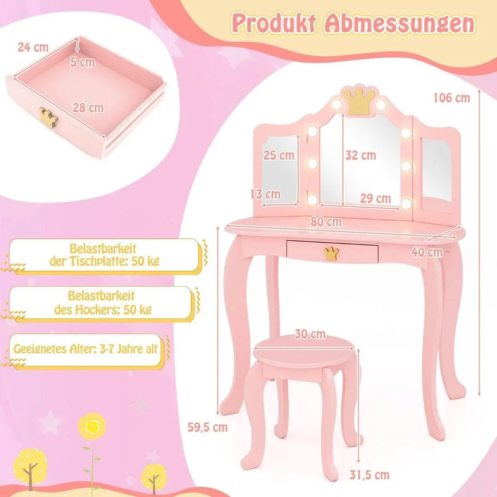Table de maquillage fille avec miroir triptyque et lumières intégrées - 3