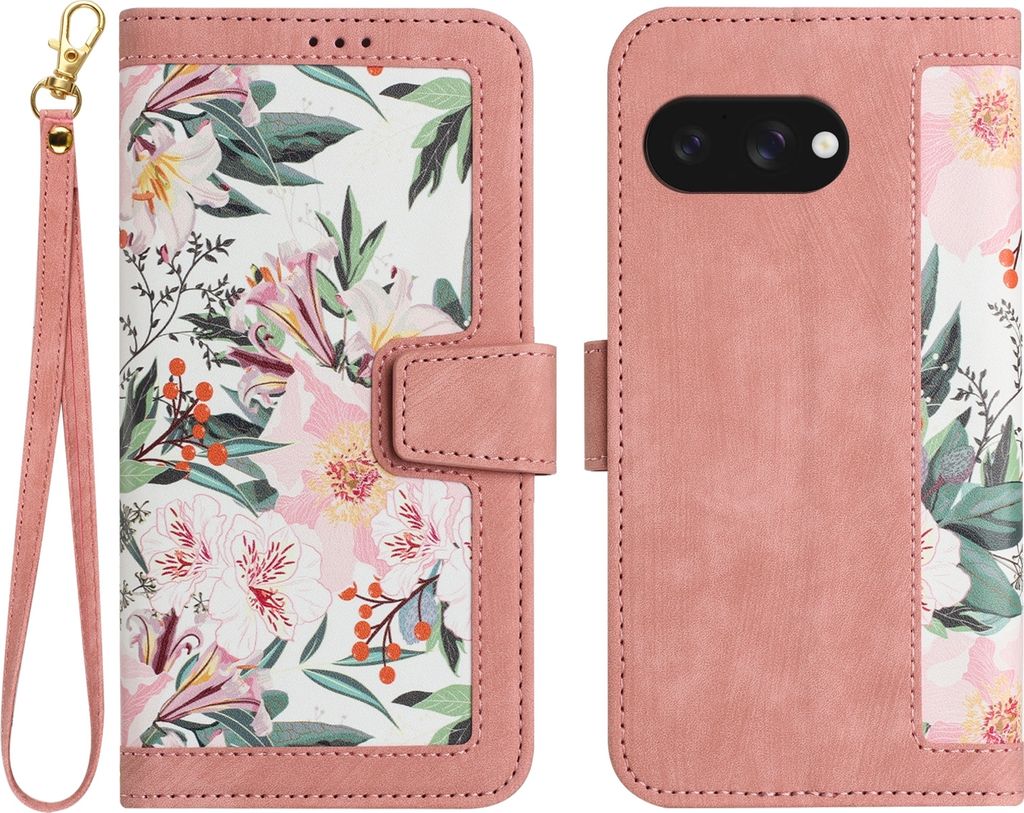 Für Google Pixel 9a Kunstleder Wallet Handy Tasche Blumen Design Hülle Etuis Rosa