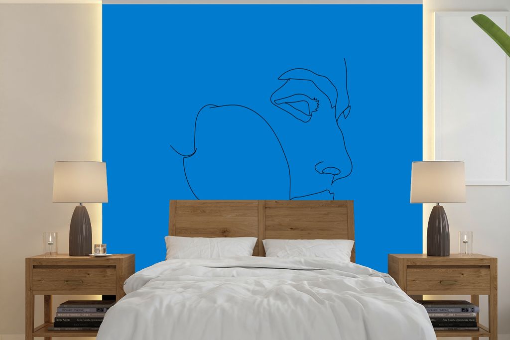 MuchoWow Fototapete für Wohnzimmer oder Schlafzimmer Wandtapete Vinyl Motivtapete Mann - Blau - Strichzeichnung - 260x260 cm - Papiertapeten