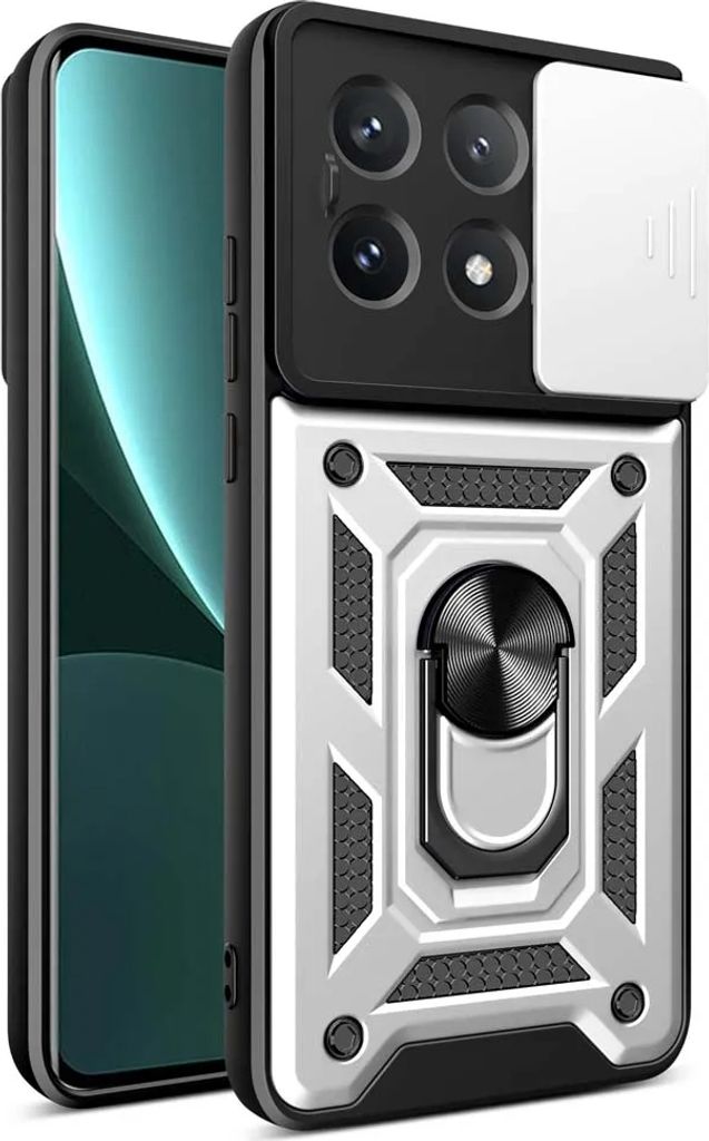 Schutzhülle für Xiaomi POCO X6Pro mit Schiebekamera-Objektivschutz, Panzerhülle, Stoßstangen Ringabdeckung, Farbe:Silber