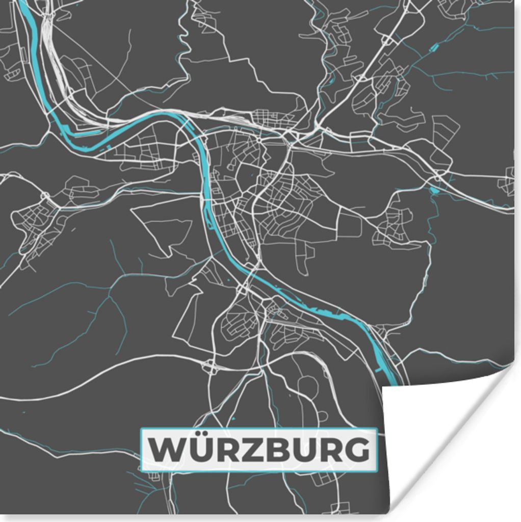 MuchoWow Poster Blau - Deutschland - Karte - Stadtplan - Würzburg 50x50 cm - Wohnzimmerdekoration