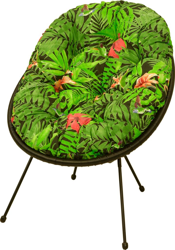 A round chair cushion with a tropical leaf and flower pattern, supported by three thin black legs.