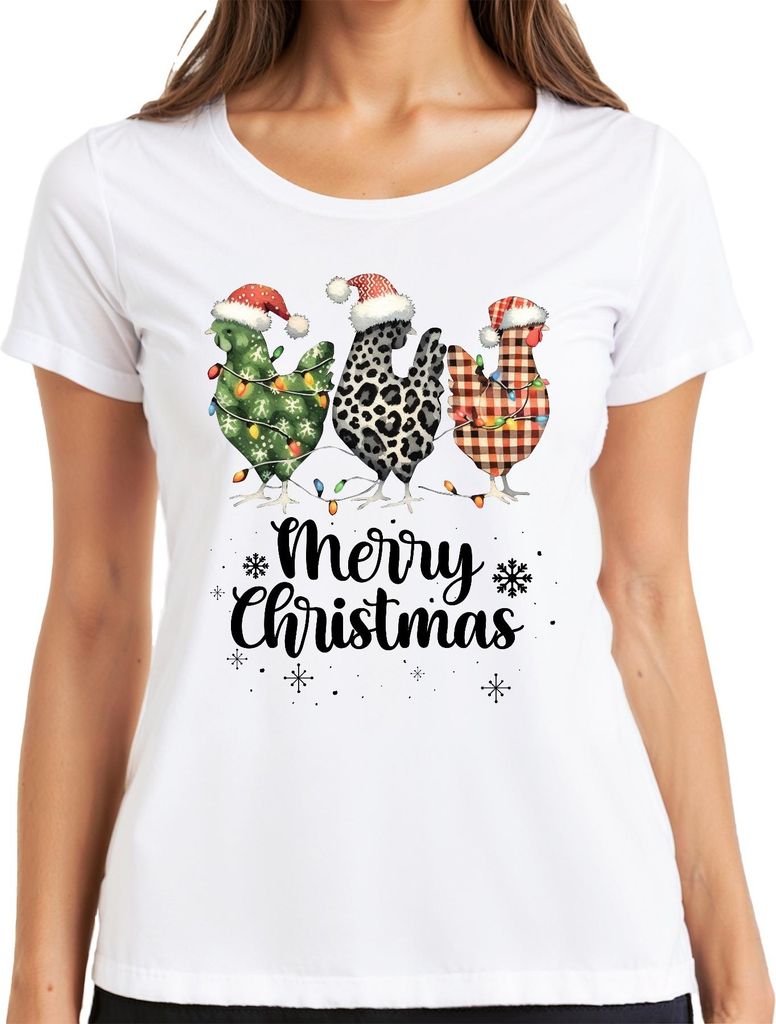 Merry Christmas Hühner Huhn Kariert Karo - Weihnachten Weihnachtsgeschenk Christmas Damen T-Shirt, Weiß, L