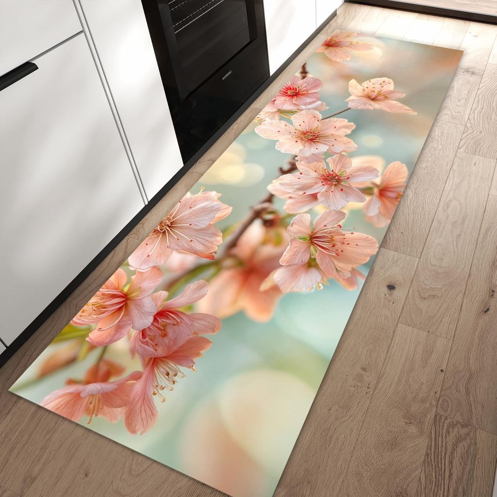 Küchenteppich 80x250cm rutschfest & abwischbar PVC Läufer - Kirschblütenzauber