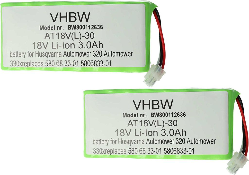 vhbw 2x Akku Ersatz für Husqvarna 5881464-01, 580 68 33-03, 580683303, 5806833-03, 588 14 64-01, 588146401 für Rasenroboter (3000mAh 18V Li-Ion)