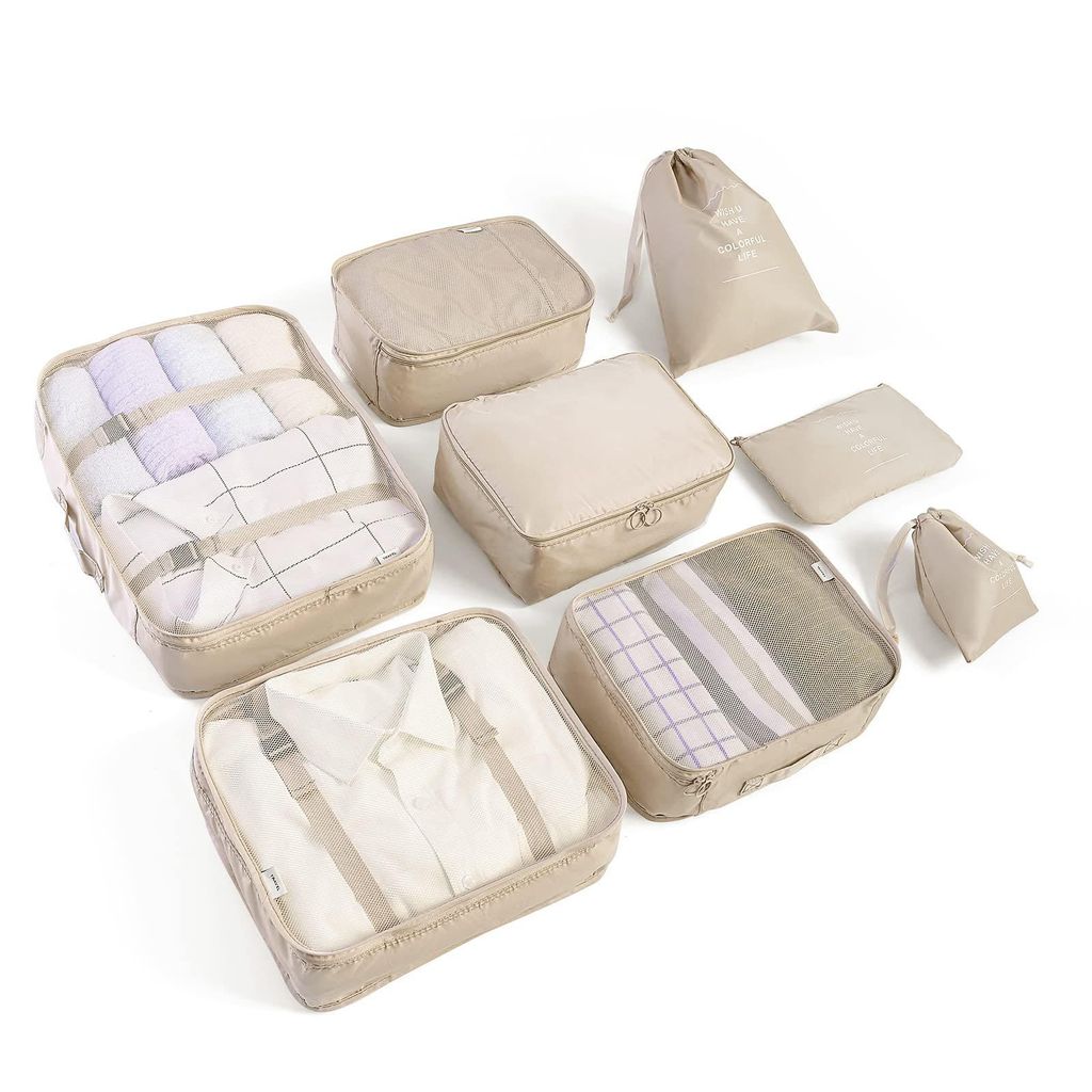 MODFU Reisetaschen 8-teiliges, Reiseorganizer Set, Beige, Perfekt für Ordnung im Koffer, Kompakte Aufbewahrungstaschen für Kleidung, Schuhe und A...
