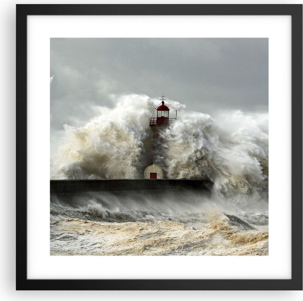Gerahmtes Poster - Schwarzer Rahmen - Leuchtturm Ozean Sturm - 40x40 cm - Wand Bild - Wanddeko - Wandbilder - Kunstposter - Wandposter - Bilderrahm...