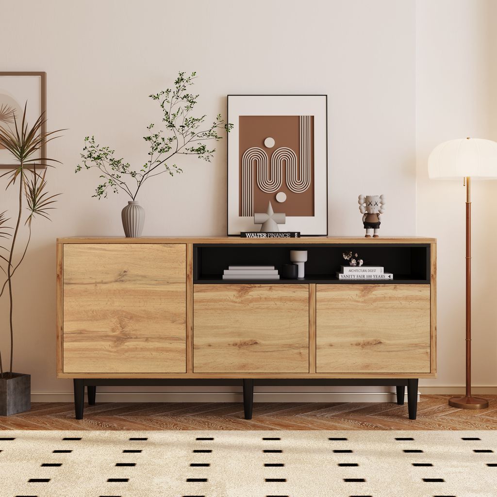 Flieks Sideboard Anrichte, Schrank im Landhausstil, Aufbewahrungsschrank für Esszimmer, Küche, Wohnzimmer, Flur, Naturbelassen + Schwarz