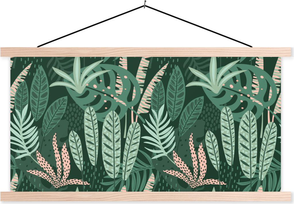 MuchoWow Textilposter Blätter - Exotische Pflanzen - Muster - Mädchen - Kinder - Jungen - Kinder 120x60 cm mit holzfarbenen Rahmen - Klemmleiste