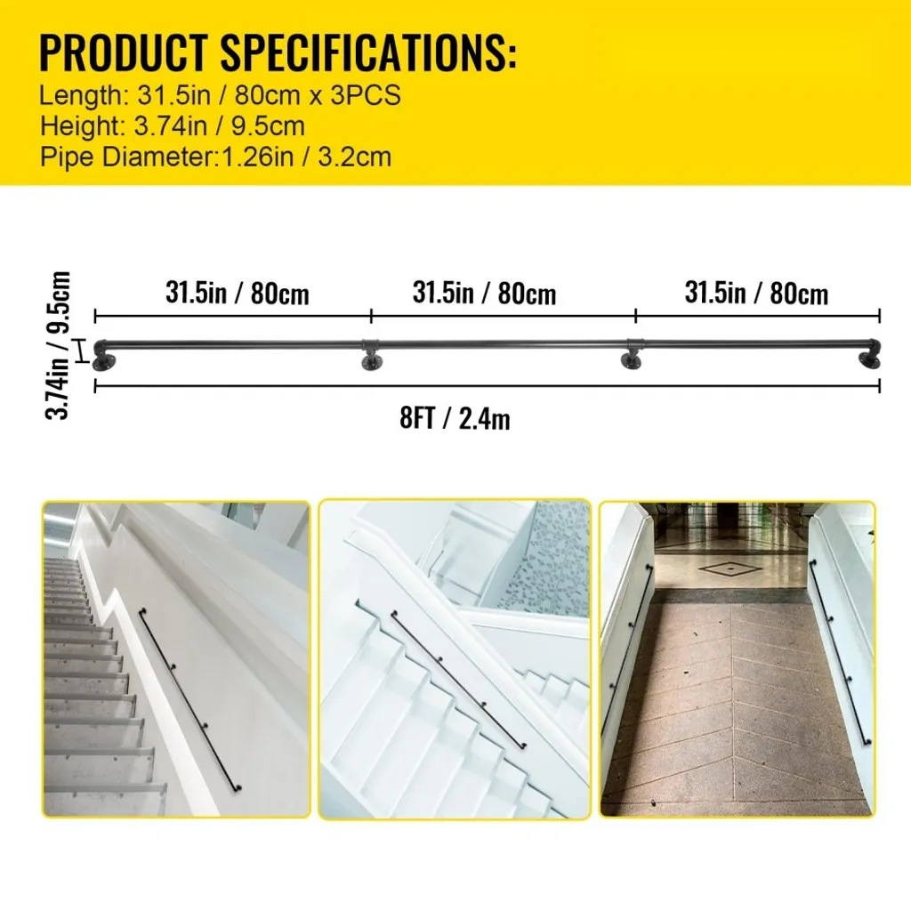 Rampe d'escalier robuste 240cm acier noir rustique supportant 200kg