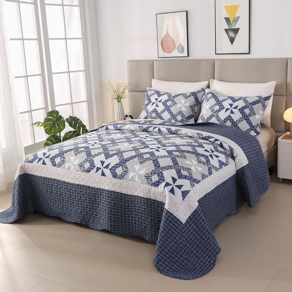 Sprei 240 x 260 cm Blau - Landhausstil - Mikrofaser Bettüberwurf Set mit Kissenbezügen