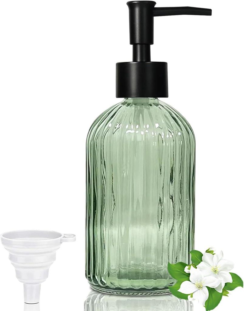 400 ml Seifenspender aus grünem Glas, Kunststoffpumpe + schwarzer Trichter, Küche/Badezimmer