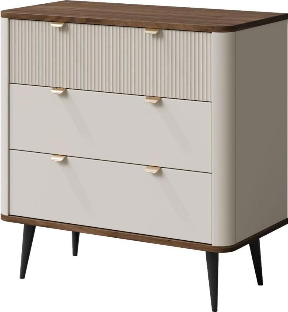 MIRJAN24 Sideboard 3S MARLY REG 11, Kommode mit drei Schubladen, Schwarze Metallfüße (Farbe: Cashmere / Cashmere + Nuss)