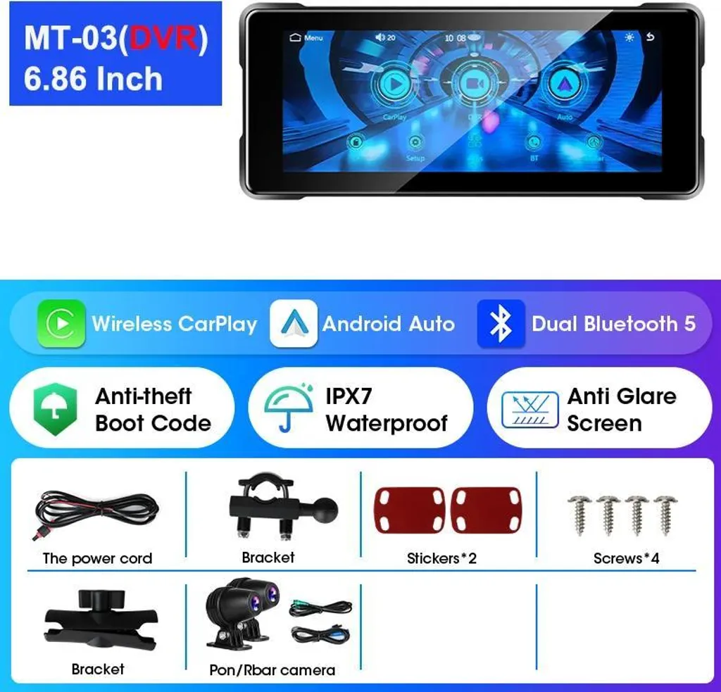 Ordinateur de Bord Moto 6,86" sans fil CarPlay Android Auto et DVR