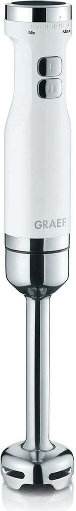 A white and silver Graef hand blender is shown against a white background.