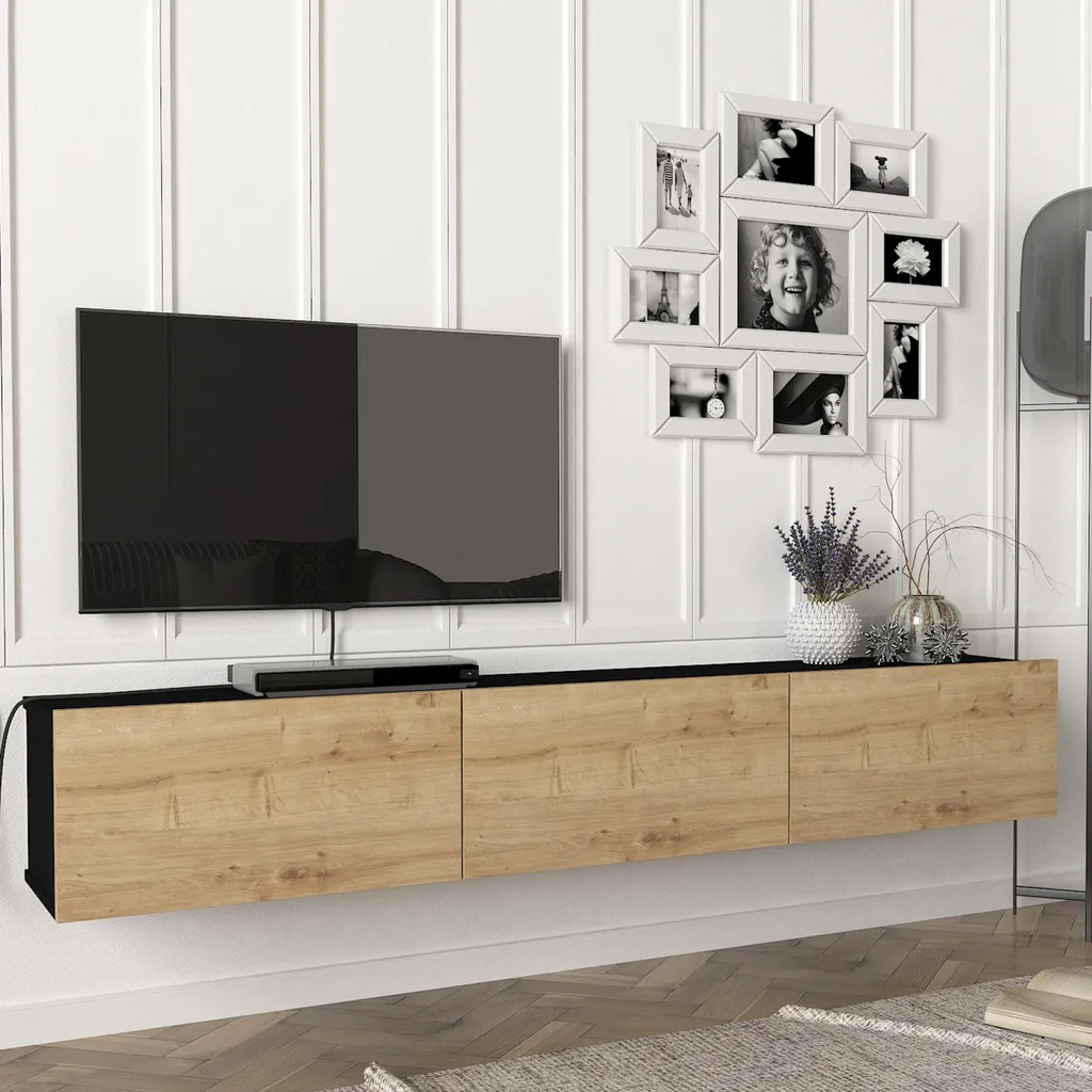 Meuble TV Long 180 cm Vihti Noir et Chêne pour Rangement Multimédia