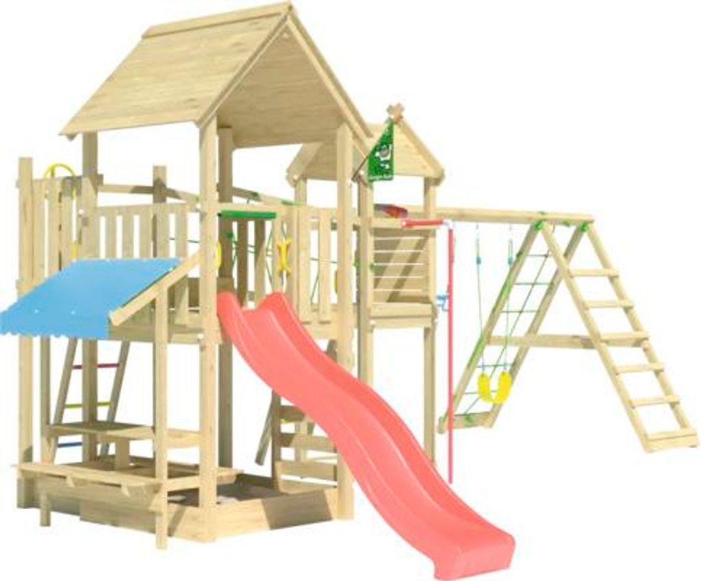 Doppelschaukel Spielhaus mit Stelzen Jungle Gym 652 x 464 cm Holz rot