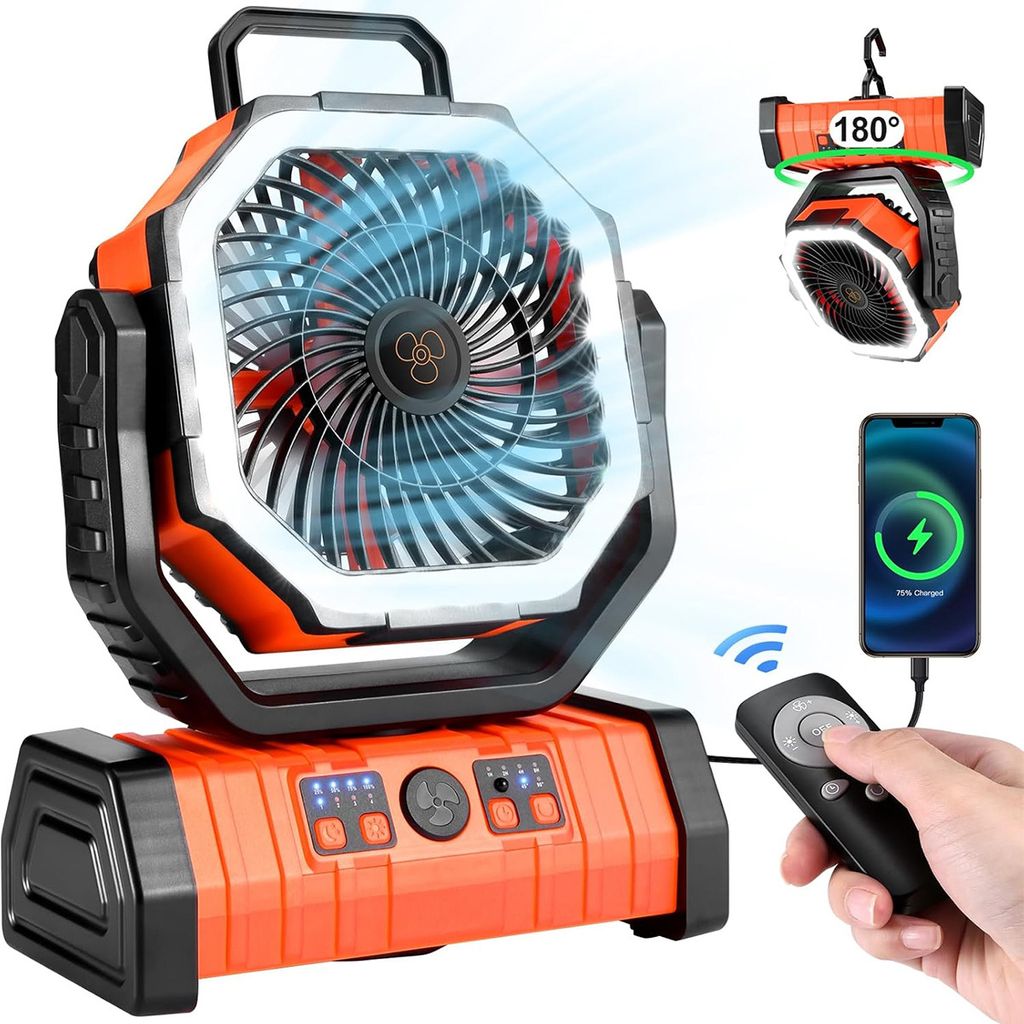 Tischventilator,Camping Ventilator, wiederaufladbar, 20000mAh Akku, 4 Geschwindigkeiten, mit Fernbedienung, LED Licht und Haken,für Outdoor, Zelt