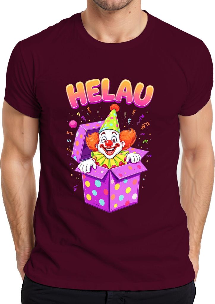 HELAU Karneval Clown Konfetti Geschenkbox rote Nase lustig Herren T-Shirt, Burgundy, L