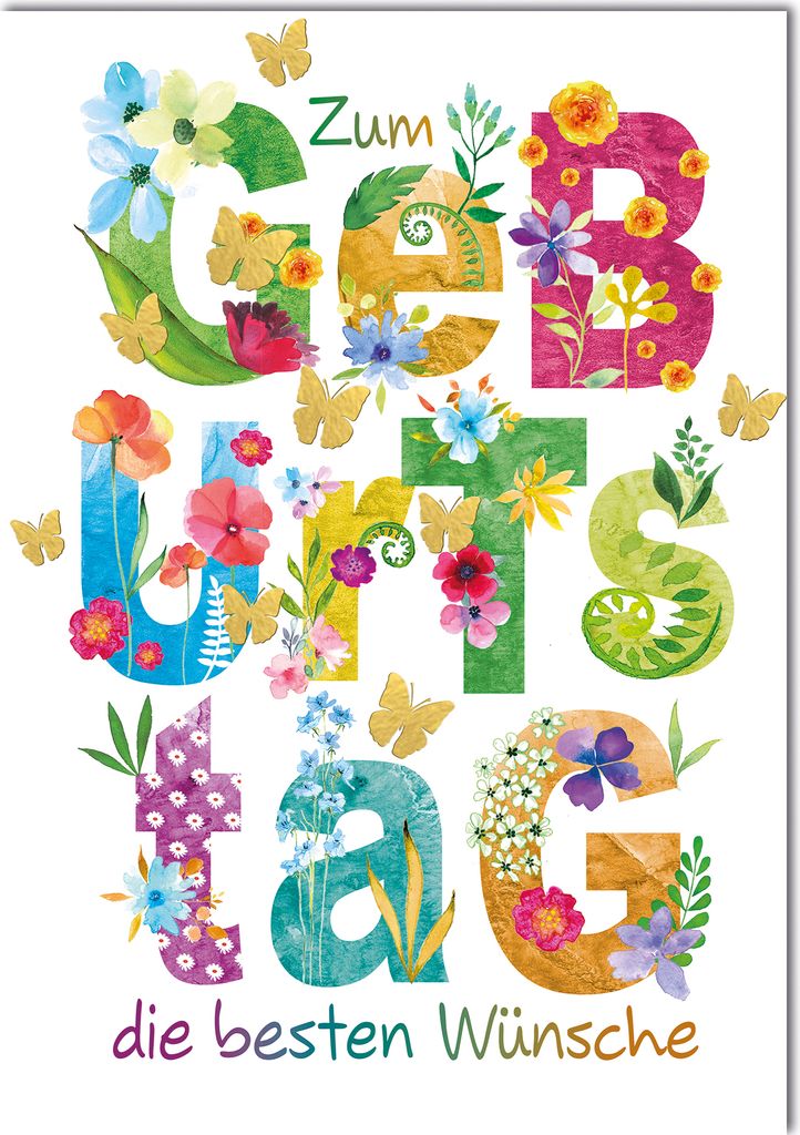 Geburtstag Schrift bunt mit Blüten die besten Wünsche Große DIN A4-Karte mit Umschlag XXL-Karte