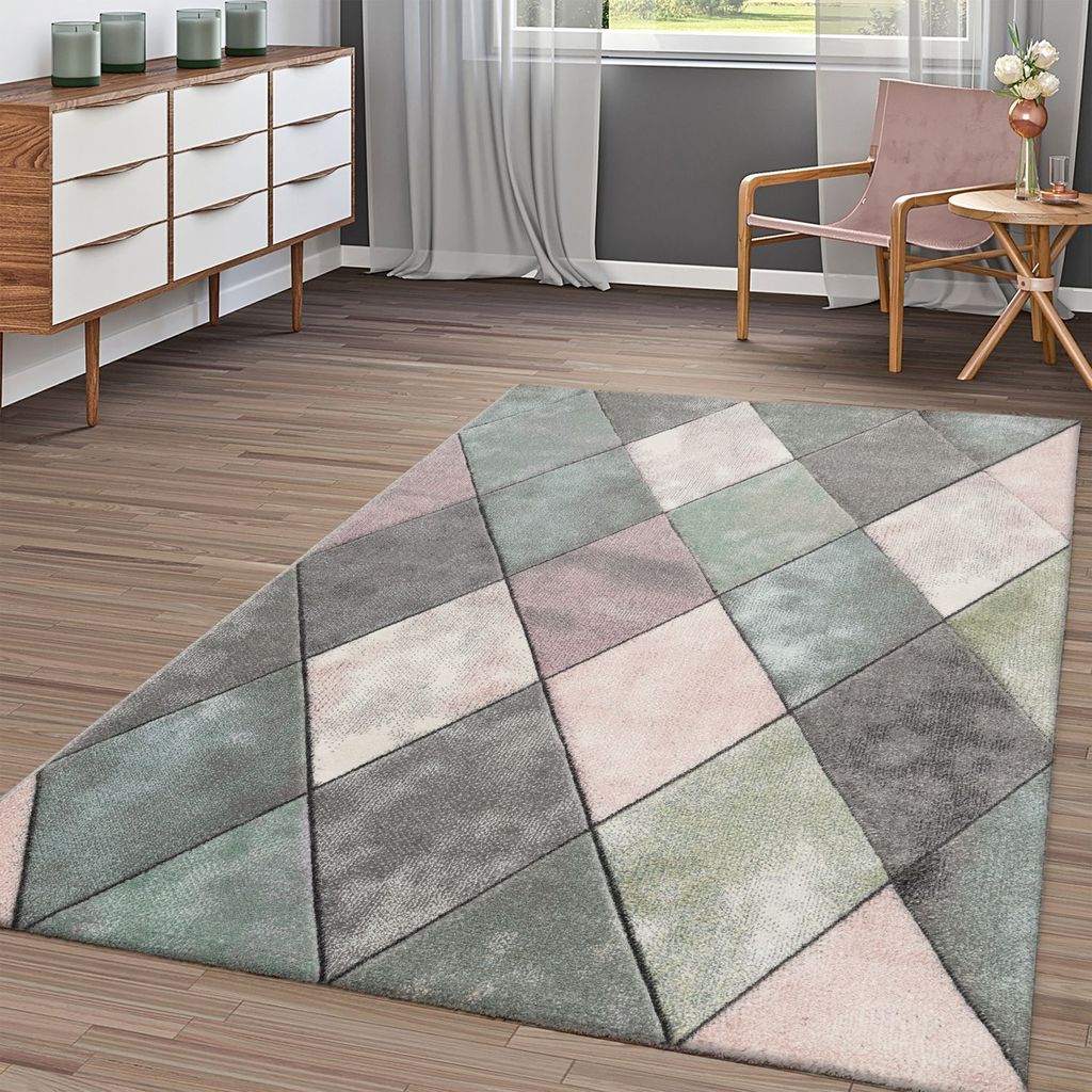 TT Home Wohnzimmer Teppich Bunt Pastellfarben Rauten Muster 3-D Design Kurzflor Robust Größe 200x290 cm