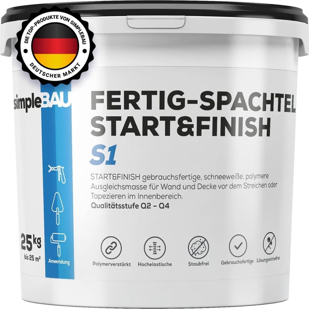 SimpleBau Spachtelmasse Start&Finish gebrauchsfertig zum Reparieren und Glätten von Wänden Perfekte weiße Farbe, 25kg