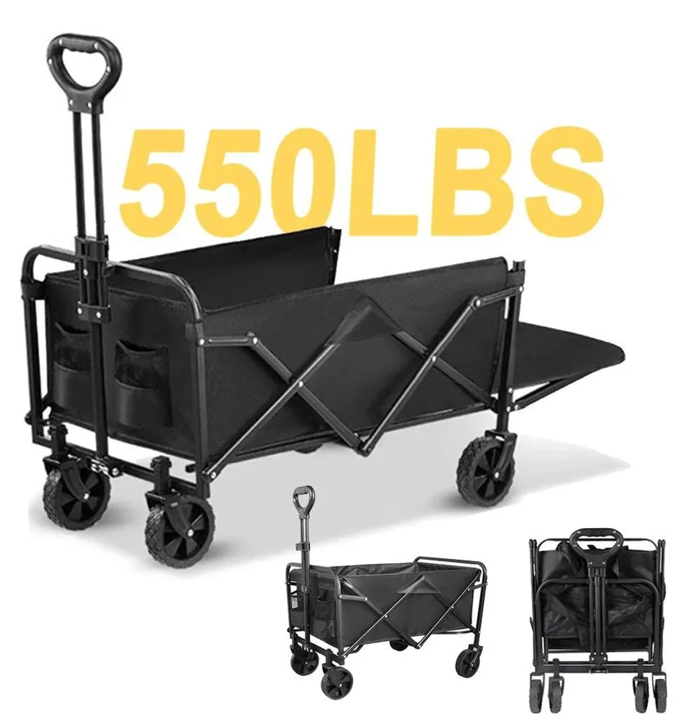 Chariot pliable noir 150L en tissu Oxford - Remorque de jardin robuste