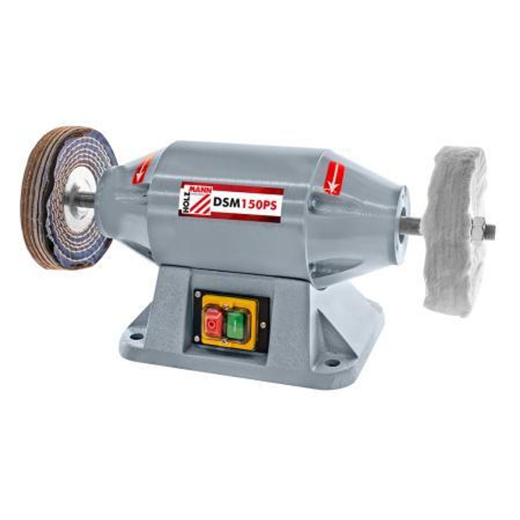 A gray polishing machine with two different polishing wheels attached, shown against a white background.