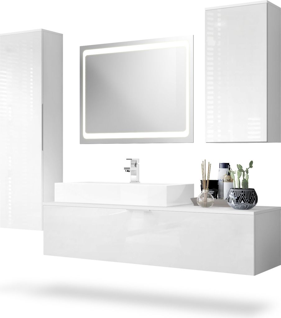 Vladon Badmöbel Komplettset Beach, Germany, Korpus in Weiß matt / Fronten in Weiß Hochglanz, mit LED Spiegel, Aufsatzwaschbecken und Armatur