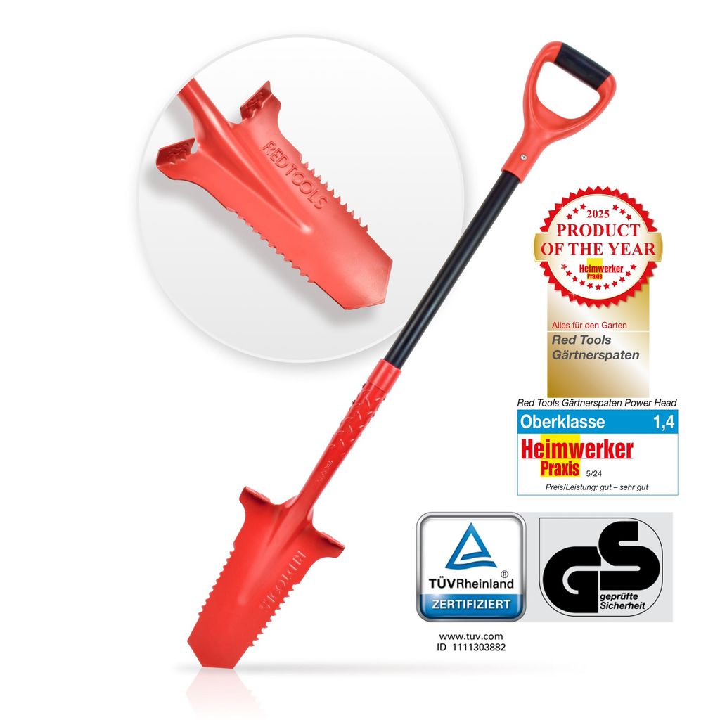 Red Tools Gärtnerspaten mit Wurzelsäge – Profi Spaten für harte Böden & Wurzeln – stabile Trittkante – ergonomischer Griff