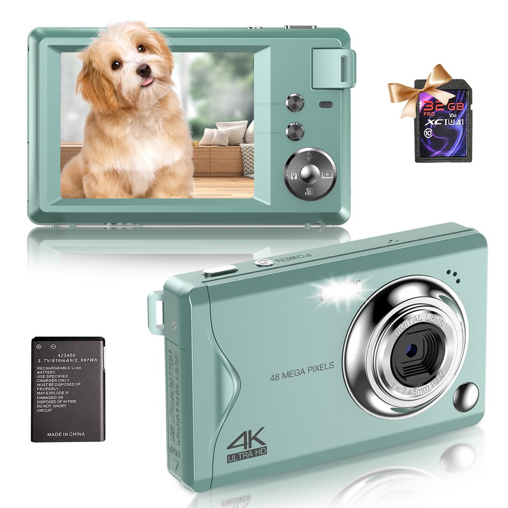 A digital camera and its accessories are displayed on a white background.