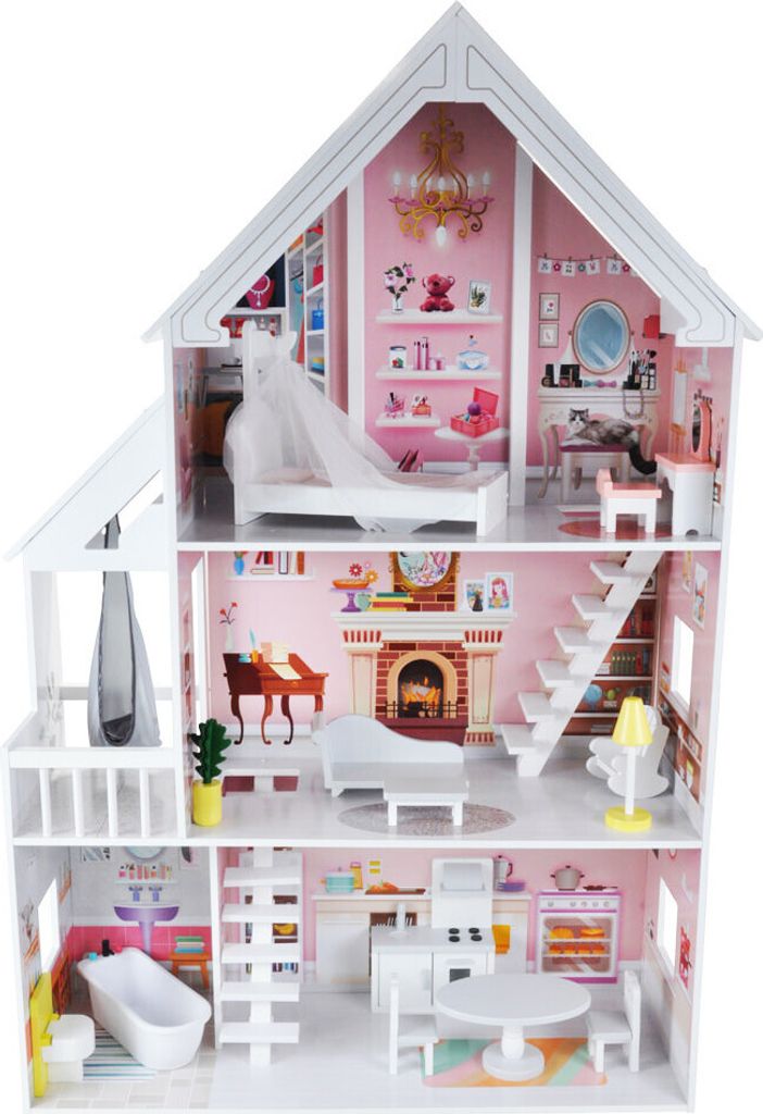 Bandits & Angels Puppenhaus aus Holz, Prinzessin Rosa, ab 3 Jahren, 126 cm hoch – inklusive 15 Möbelstücken – geeignet für Barbie – Puppen...
