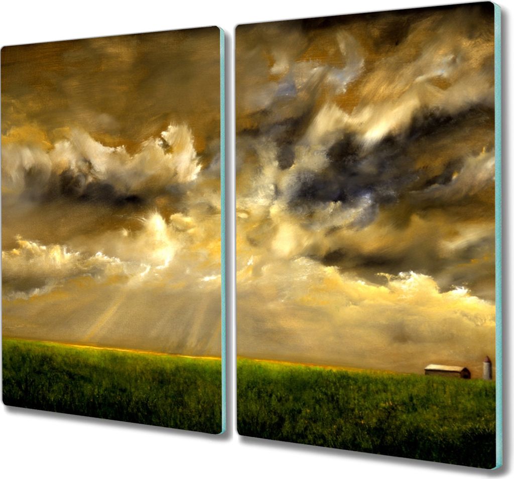 Coloray Schneidebrett Herdabdeckplatte 2x30x52 cm Kochplattenabdeckung Küchenbrett Hackbrett - Landschaft Dorf Feld Himmel