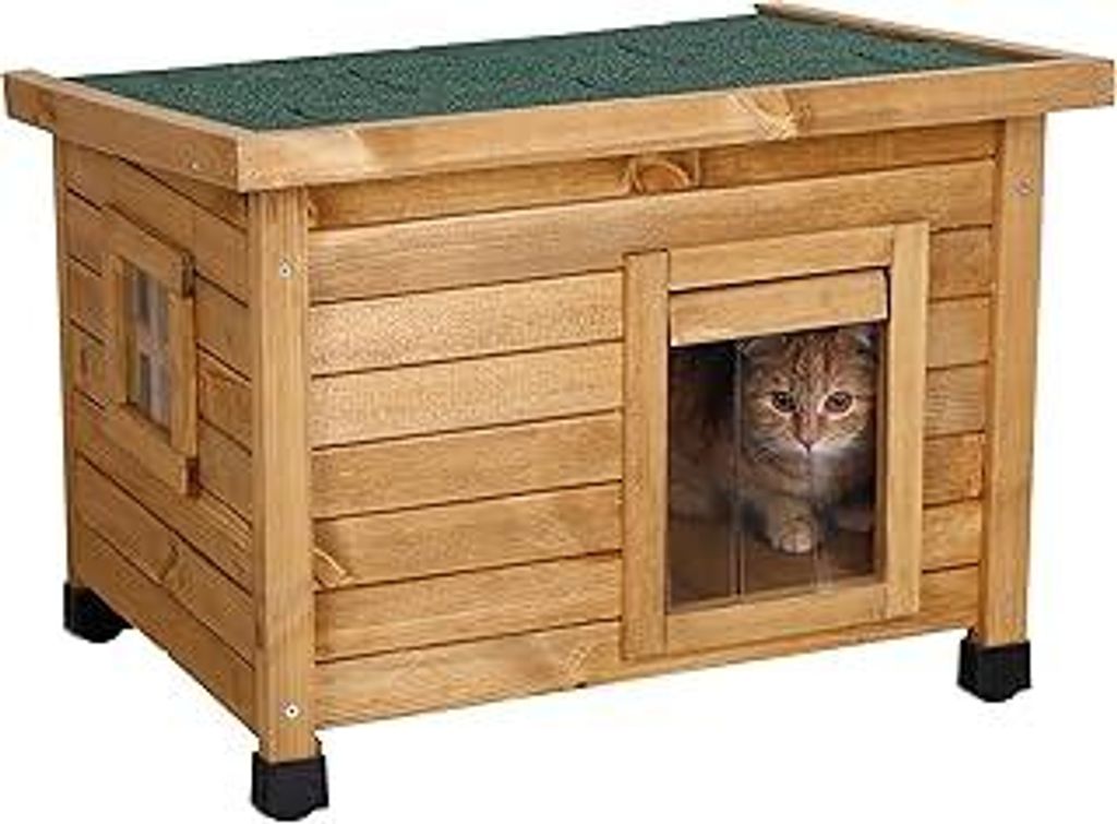 Kerbl Pet Katzenhaus Rustica, Braun/Grün, 57x45x43 cm, Holz, mit Schwingtüre, Plexiglasfenster, höhenverstellbare Kunststofffüße