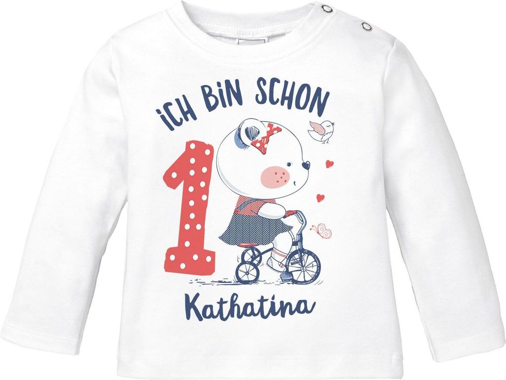 Baby Langarmshirt mit Namen und Zahl zum 1. Geburtstag kleiner Bär Geschenk Mädchen Baumwolle SpecialMe weiß 68/74 (4-9 Monate)