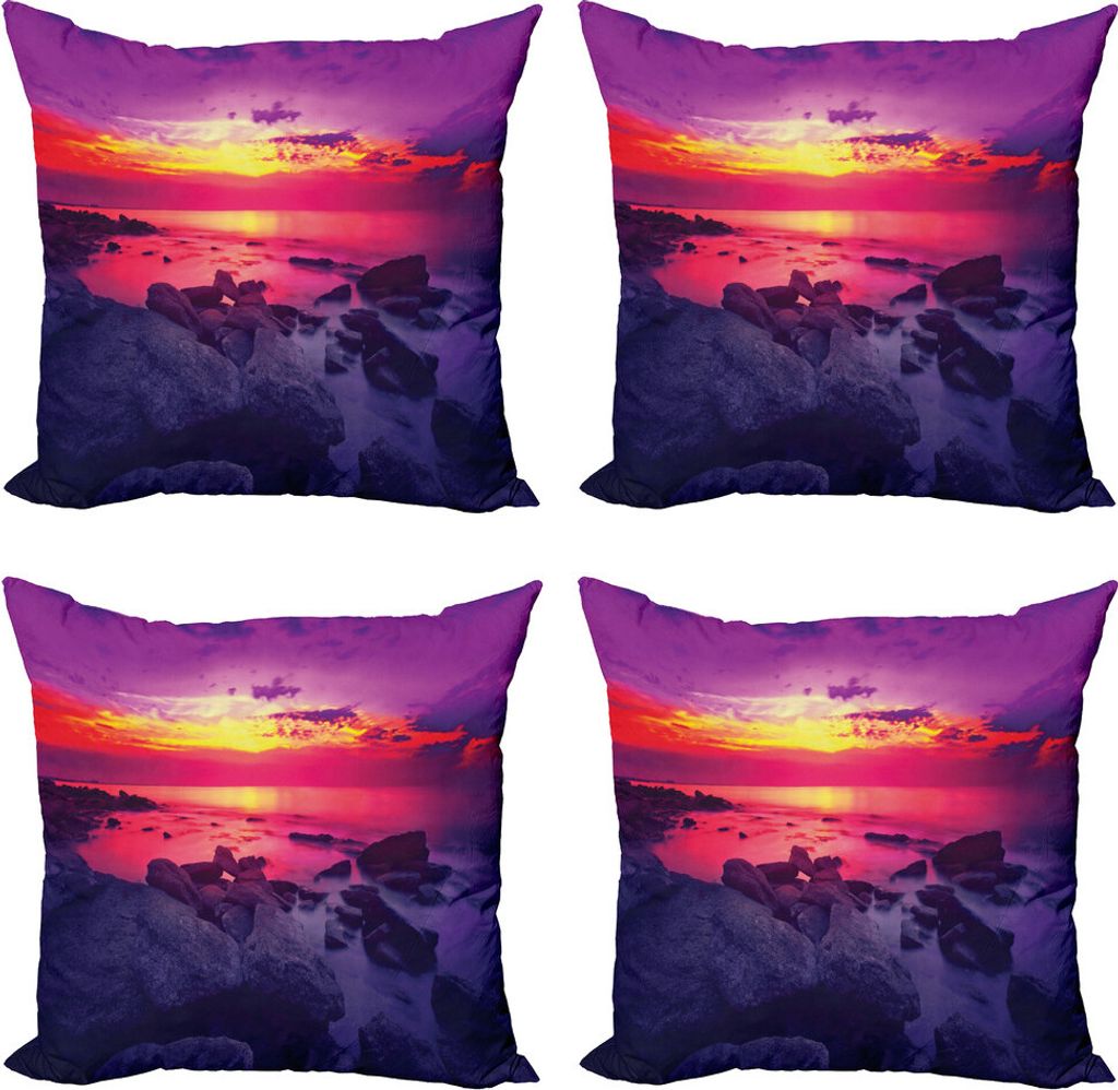 ABAKUHAUS Americana Kissenbezug Set (4 Stück), Sonnenuntergang über Meer bewölkt, Moderner Doppelseitiger Digitaldruck, 60 cm x 60 cm, Lila, Rot...