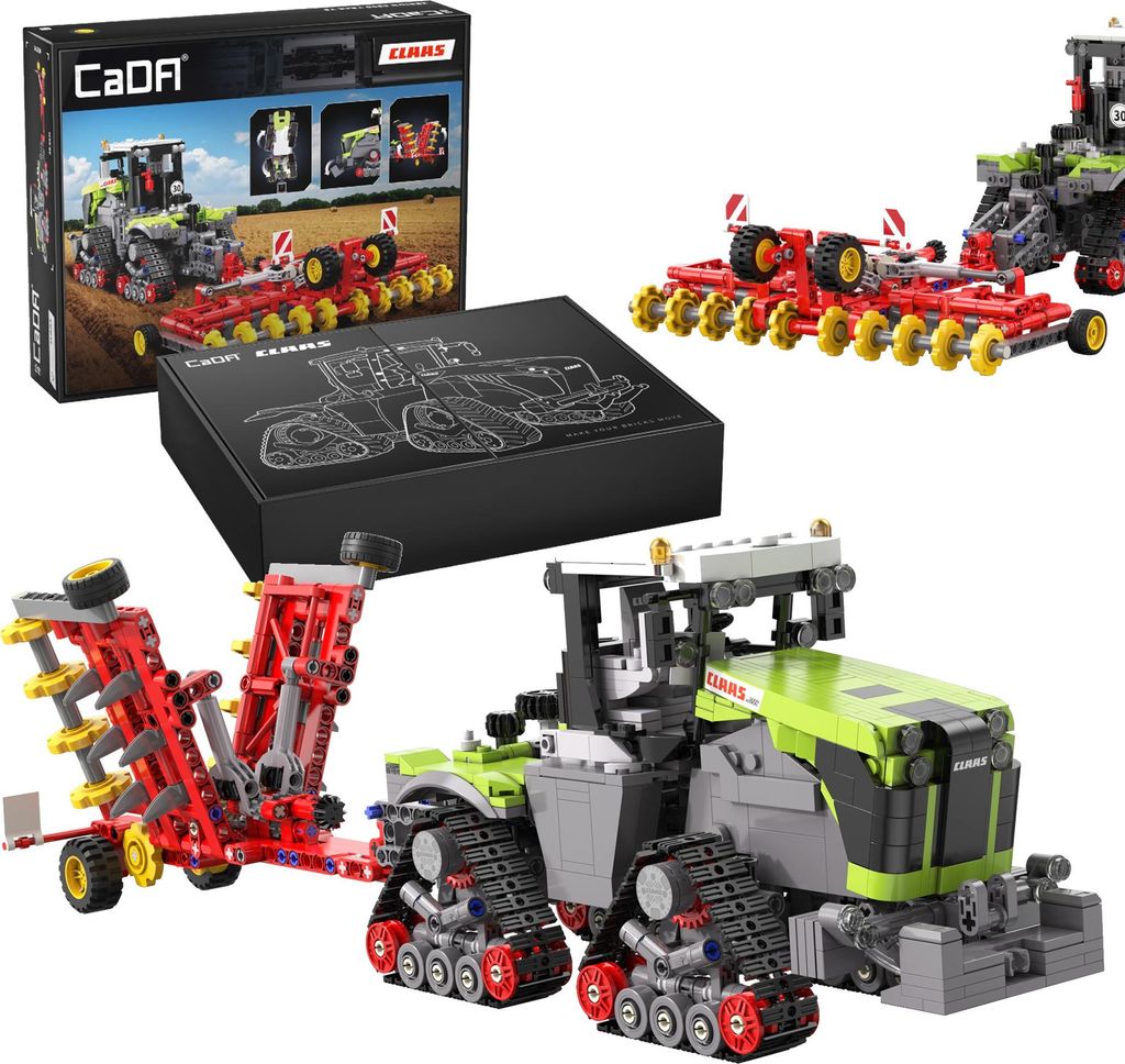 A collage of images showing a toy tractor set, including the packaging, a built model, and a separate agricultural implement.
