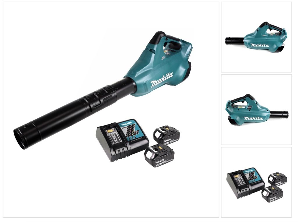 A Makita cordless leaf blower with two batteries and a charger, displayed on a white background.
